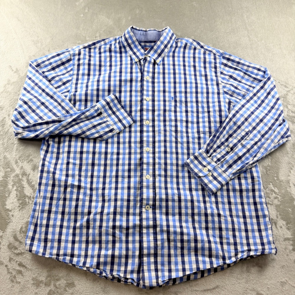 IZOD Men's XL Blue White Gingham Plaid Button Down Long Sleeve Shirt Cotton